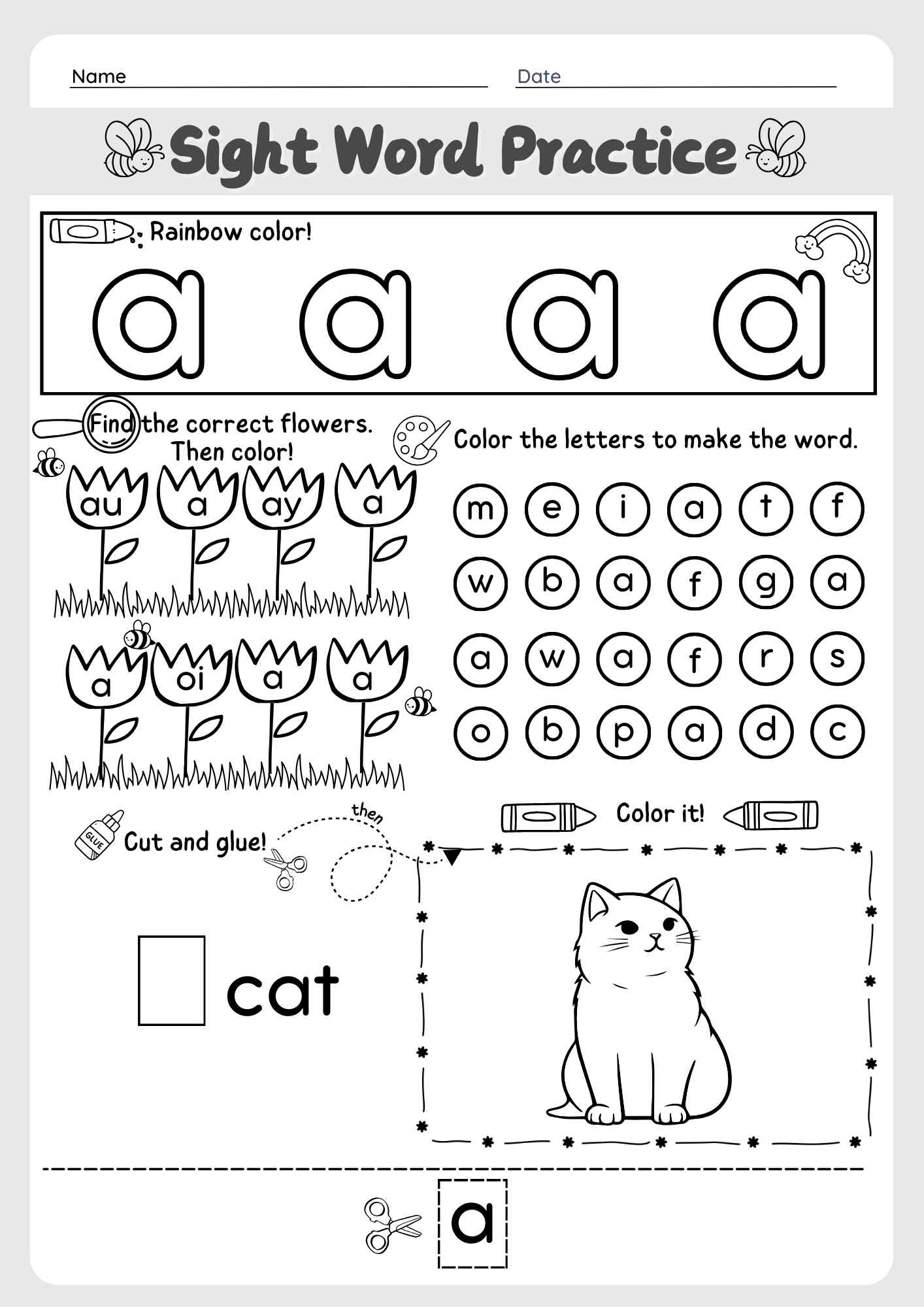 The Word "A" Sight Word Cut and Paste Worksheet for Early Learners Pre K